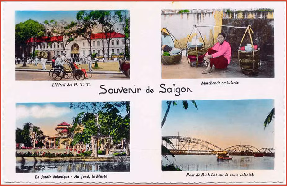 Từ trái sang phải, từ trên xuống dưới: 1 – Bưu điện trung tâm Sài Gòn. 2 – Gánh hàng ăn lưu động. 3 – Viện bảo tàng trong Thảo Cầm Viên. Ảnh: Public Domain.