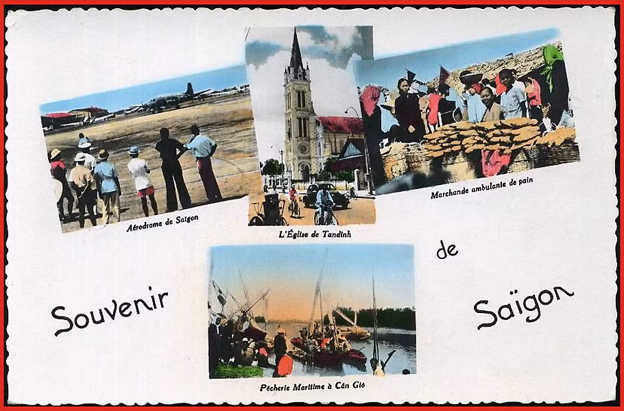 Từ trái sang phải, từ trên xuống dưới: 1 – Đường băng sân bay Tân Sơn Nhất. 2 – Nhà thờ Tân Định. 3 – Bán bánh mì trên phố. 4 – Nghề cá ở Cần Giờ. Ảnh: Public Domain.