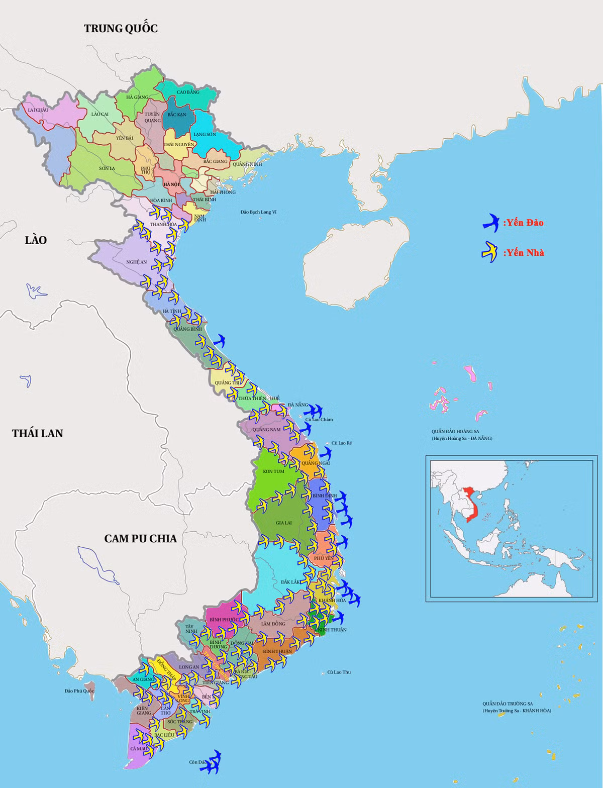 Bản đồ phân bố chim yến ở Việt Nam.