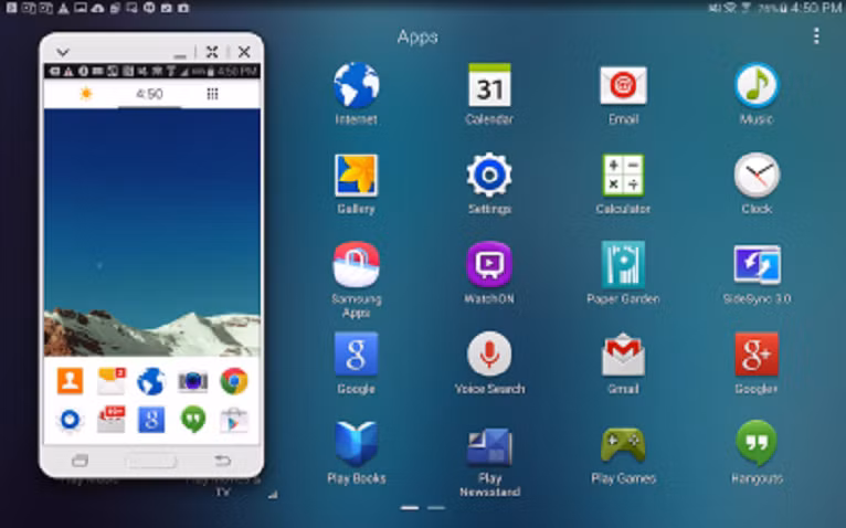  3. Bạn có thể kiểm soát điện thoại của bạn trực tiếp từ Galaxy Tab S Tính năng SideSync của Samsung cho phép bạn kết nối và kiểm soát điện thoại (Galaxy S4, S5,Galaxy Note 3) từ máy tính bảng. Bạn có thể chuyển các tập tin giữa điện thoại và máy tính bảng của bạn, sử dụng máy tính bảng để thực hiện hoặc trả lời cuộc gọi điện thoại.
