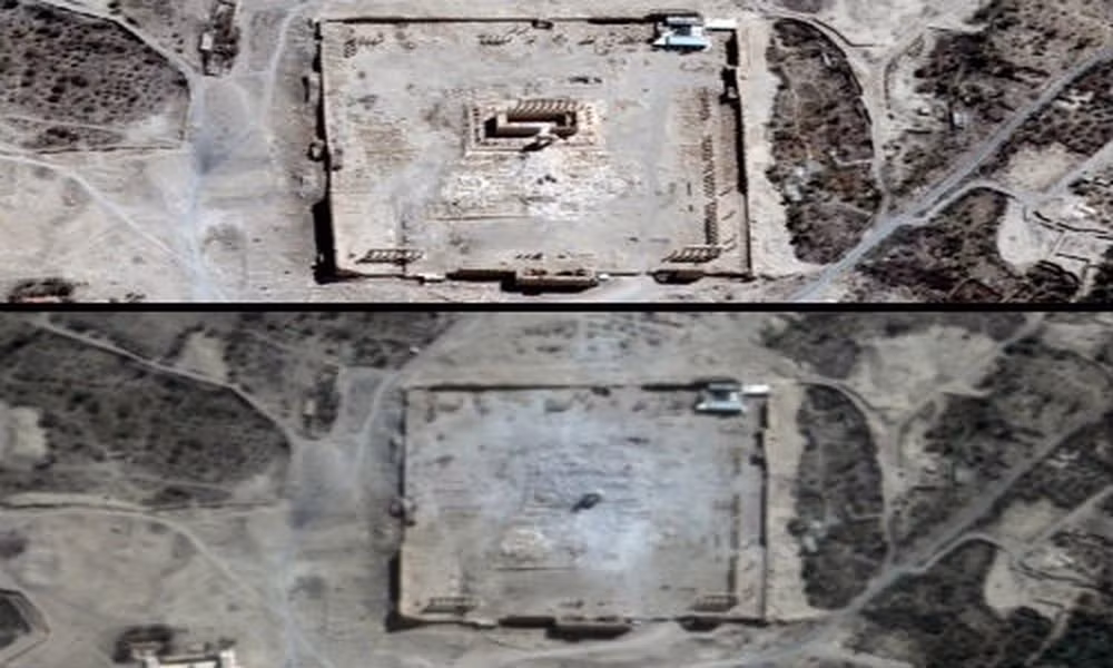 Hai tấm hình, trước (ảnh trên) và sau tại đền Bel ở Syria. Những chiến binh Nhà nước Hồi giáo (IS) tự xưng đã phá hủy gần như toàn bộ ngôi đền từ thời La Mã.