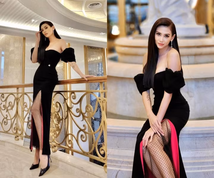Võ Hoàng Yến quyến rũ trong thiết kế đầm quây vai trễ nữ tính tôn lên vòng 1 gợi cảm. Sự pha trộn chất liệu với vải voan lưới mang lại cái nhìn thướt tha hơn. Lớp lót màu hồng fuchsia tạo sắc thái tương phản ấn tượng với gam màu đen quyền lực của bộ cánh.