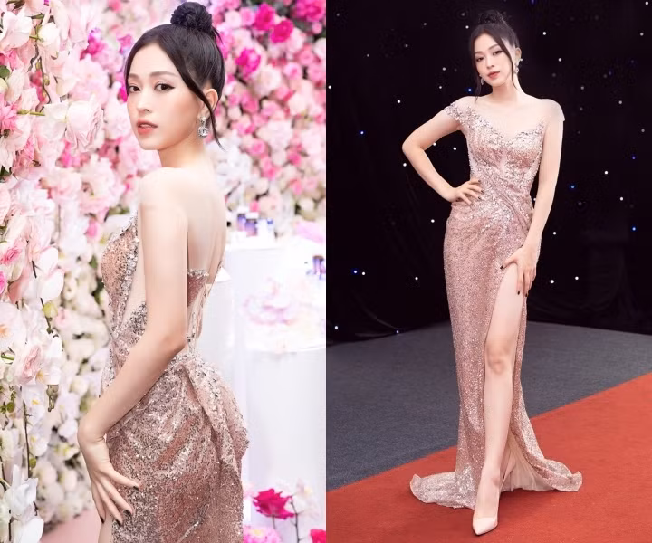 Phương Nga gợi cảm trong thiết kế đầm lấp lánh màu champagne nổi bật. Á hậu khéo búi tóc cao, trang điểm nhẹ nhàng khi bộ cánh vốn đã quá cầu kỳ và giúp cô tôn lên làn da trắng sứ đáng mơ ước.