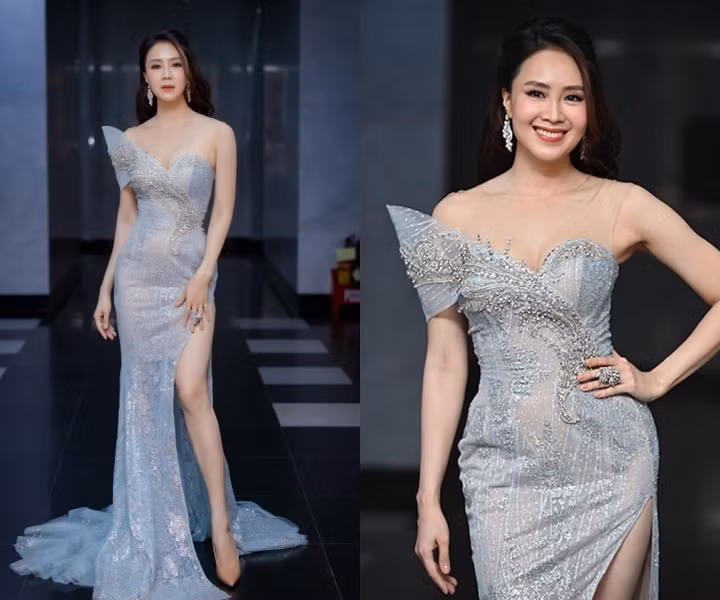 Hồng Diễm lộng lẫy trong thiết kế đính đá sang trọng trên lớp vải xuyên thấu màu xanh ngọc. Bộ cánh ôm sát tôn lên đường cong gợi cảm. Nữ diễn viên khéo chọn giày tiệp màu da tạo một tổng thể hài hoà cùng vóc dáng trông thêm thanh thoát.
