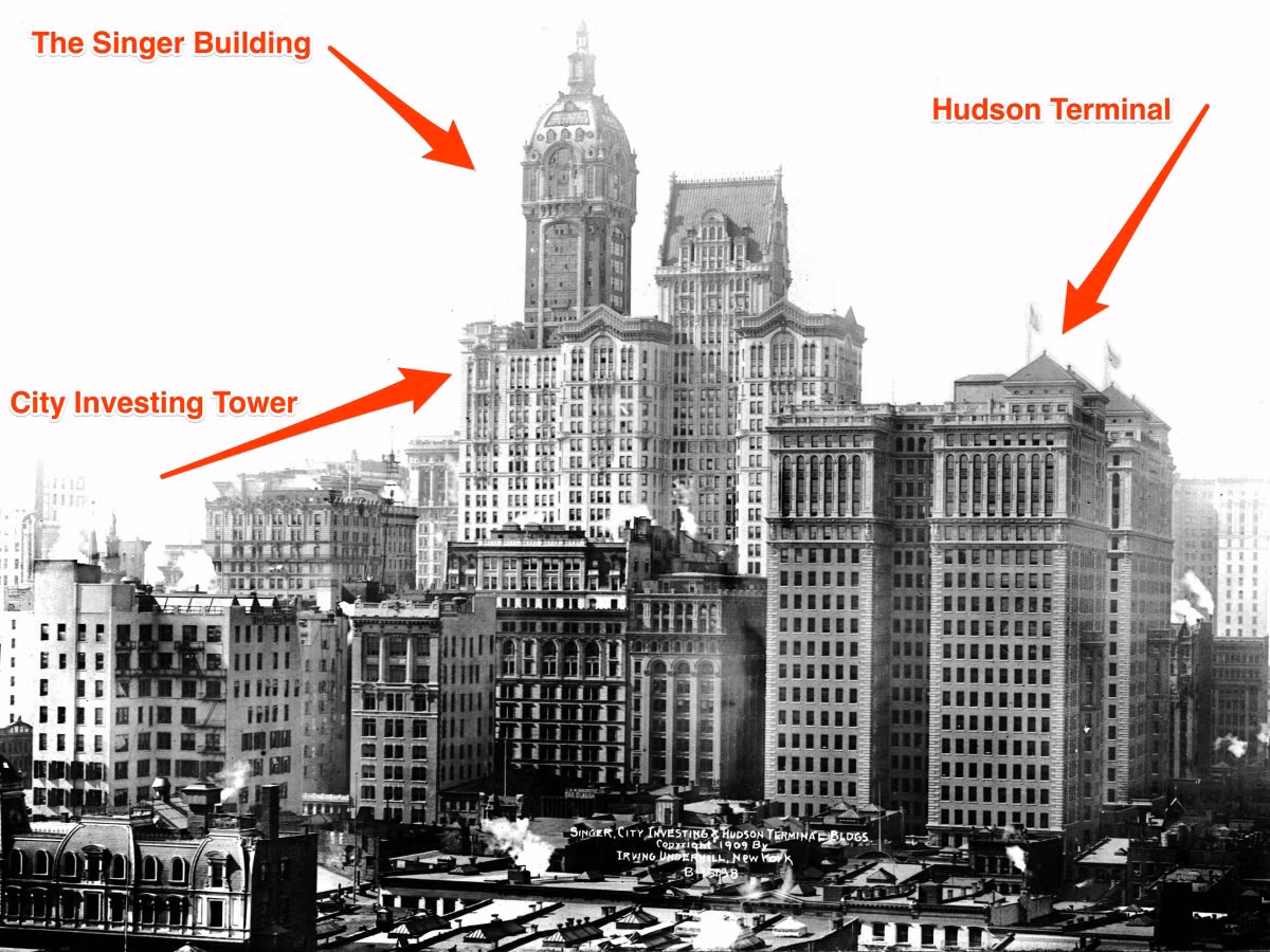 Nằm gần Tòa nhà Singer, cao ốc City Investing cũng là một tòa tháp đã bị san bằng vào năm 1986. Nhà ga xe lửa Hudson Terminal, được xây dựng vào năm 1909, đóng cửa vào năm 1971 và sau đó bị phá hủy.