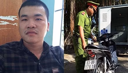 Hung thủ Nguyễn Hoài Nam và chiếc xe tang vật được Công an tỉnh Tiền Giang thu hồi. Ảnh: Báo Pháp luật TPHCM.