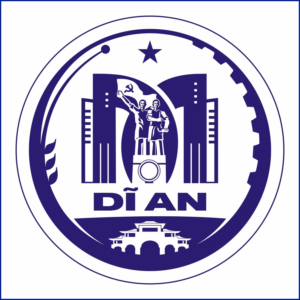 Theo nội dung thuyết minh, biểu trưng TP Dĩ An có hình ảnh 2 chữ D, A (viết tắt của Dĩ An) cách điệu, hạt lúa nông nghiệp, bánh răng công nghiệp, tượng đài tại di tích cách mạng Đề-pô xe lửa Dĩ An, cổng di tích - khu du lịch Hố Lang... Ảnh: Trang TTĐT TP Dĩ An.