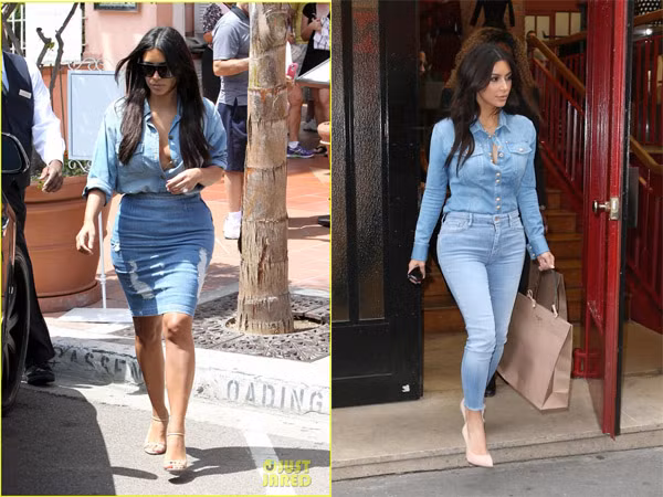 Trang phục denim giúp Kim Kardashian trông bớt "màu mỡ" hơn.