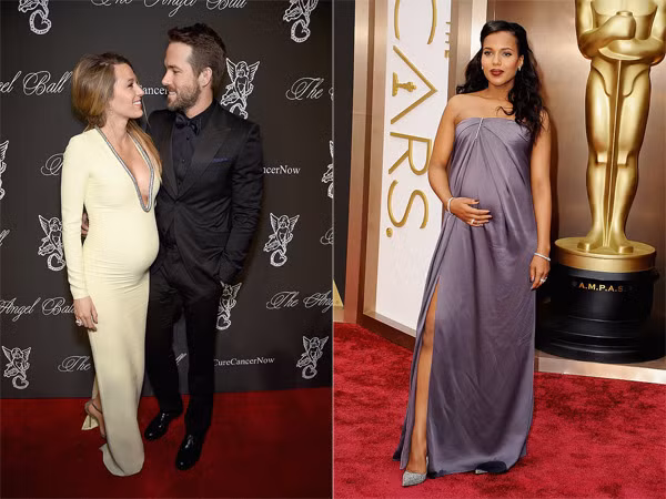Hai nữ diễn viên Blake Lively (trái) và Kerry Washington xúng xính váy áo, giày cao gót như thường khi đi dự sự kiện dù bụng đã bầu rất to.