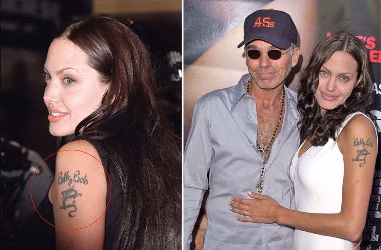 Angelina Jolie đã xăm tên chồng cũ, Billy Bob Thornton lên vai trái nhưng sau khi ly hôn, cô đã xóa hình xăm này.