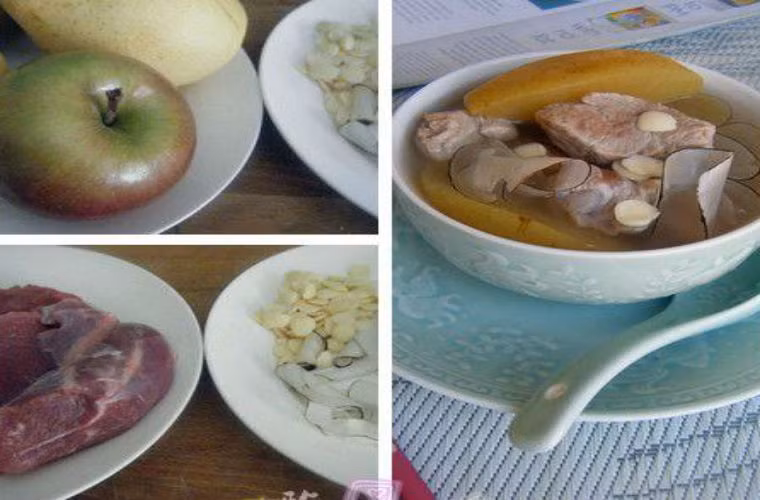 Canh táo nấu với thịt chân giò. Nguyên liệu: 2 quả táo, 300g thịt chân giò, 100g cà rốt, 100 g mã thầy, 1 ít trần bì.
