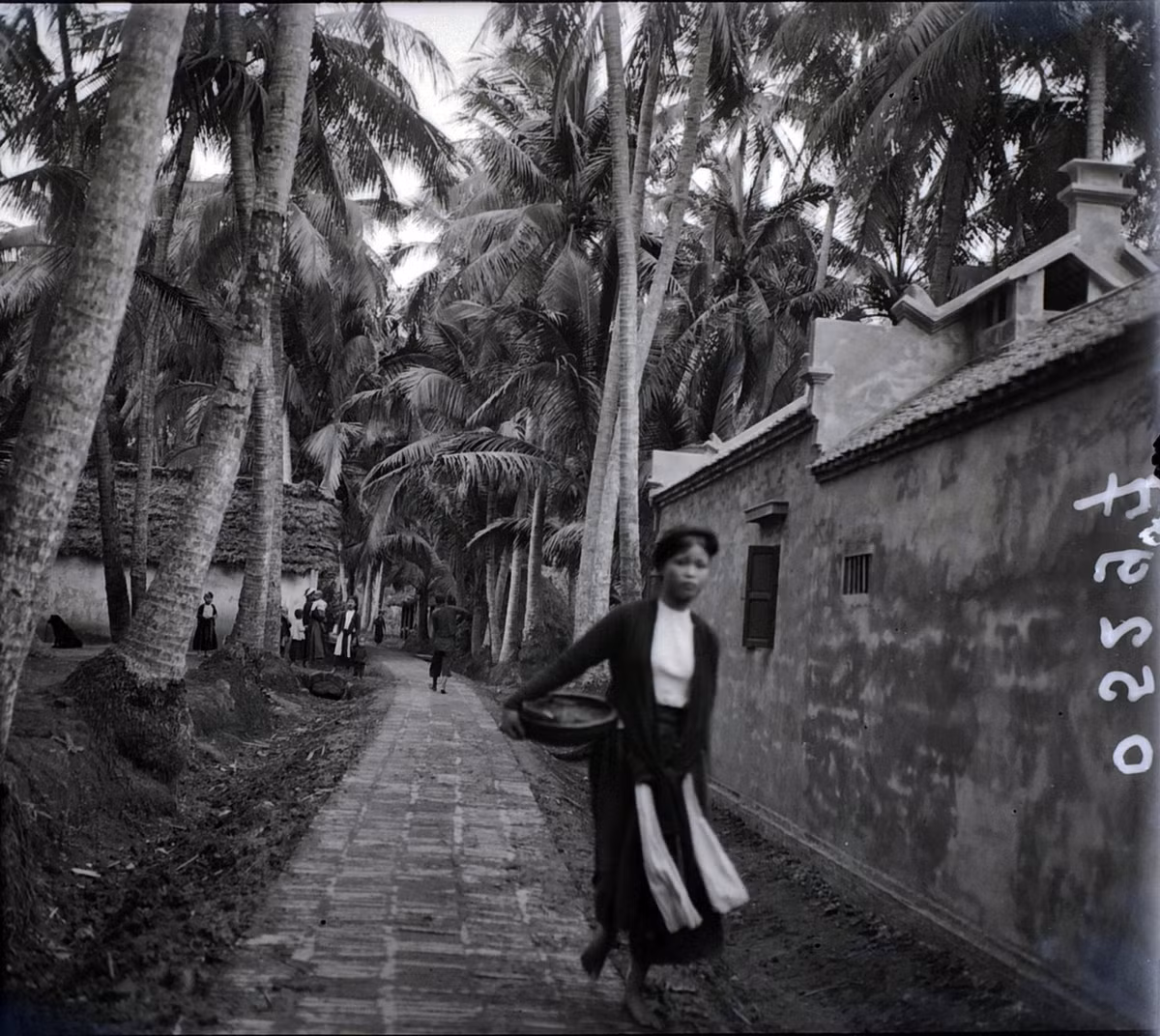 Cô thôn nữ bước trên đường làng.