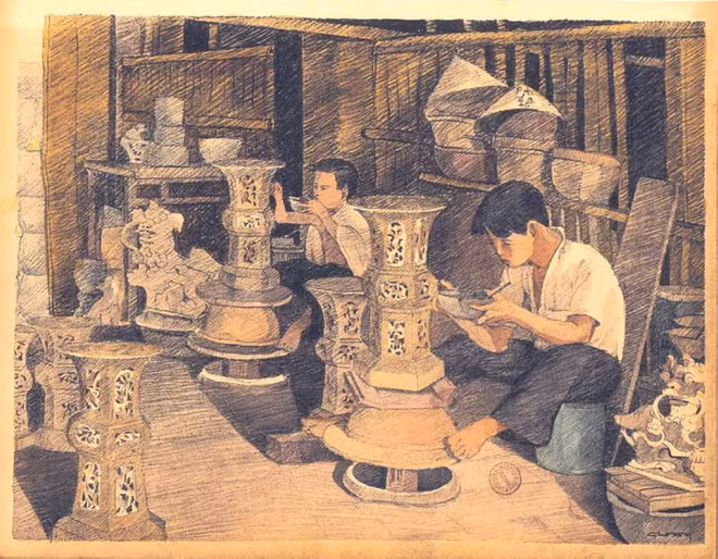 br/> Cũng là nghề thủ công, bức ký họa này vẽ những người thợ tráng men gốm.