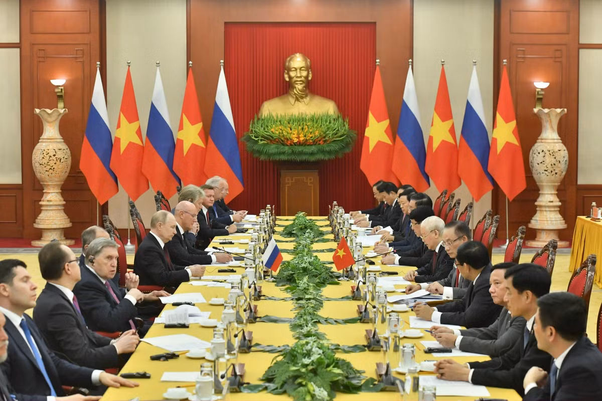 Chiều 20/6/2024, Tổng Bí thư Nguyễn Phú Trọng có cuộc hội đàm với Tổng thống Liên bang Nga Vladimir Putin tại Văn phòng Trung ương Đảng trong khuôn khổ chuyến thăm cấp Nhà nước tới Việt Nam. Ảnh: Báo Chính phủ