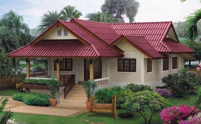 Mẫu nhà này cũng sử dụng mái thái màu đỏ tạo sự nổi bật. Ưu điểm của mẫu nhà này là thoáng mát, tạo cảm giác thoải mái cho gia chủ. Mẫu nhà cấp 4 đơn giản