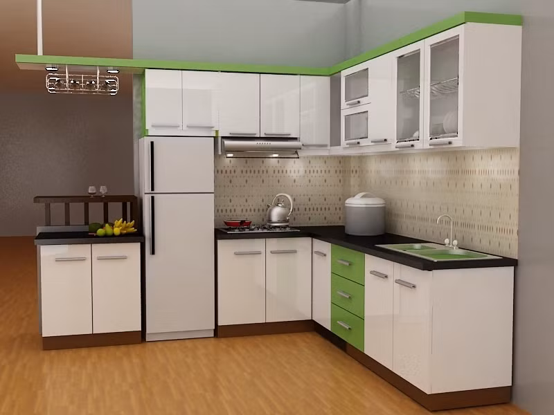 Thiết kế nhà bếp theo hình chữ L với tông trắng chủ đạo, nhấn nhá màu xanh thu hút ánh nhìn