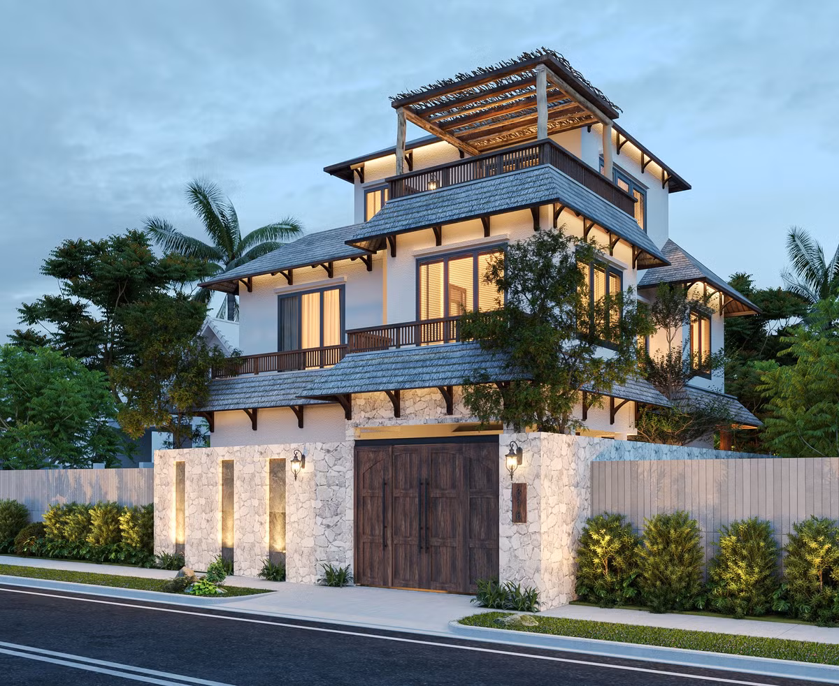 Bên ngoài villa hòa hợp với thiên nhiên, bên trong tiện nghi, dễ chịu. Chủ nhà là người yêu thích cây, muốn cùng thiên nhiên kiến tạo nên sự hài hòa, tinh tế - kết hợp với vật liệu bê tông sắt thép truyền thống.