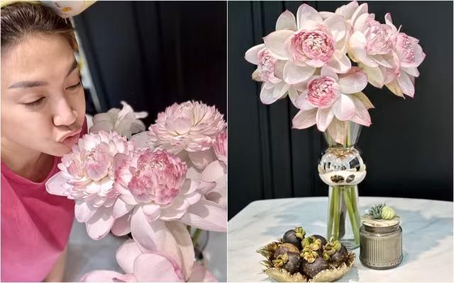 Người đẹp cắm hoa sen với gam hồng phớt rất xinh xắn. Cô đặt cảở trên bàn thờ và bàn ăn. Mặt bàn ăn cô dùng loại mặt đá hoa cươngtrắng làm sáng căn phòng và trông sang trọng.