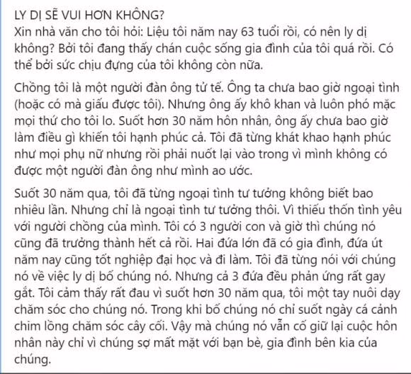 Nguoi phu nu 63 tuoi muon ly hon nhung bi con cai cam can
