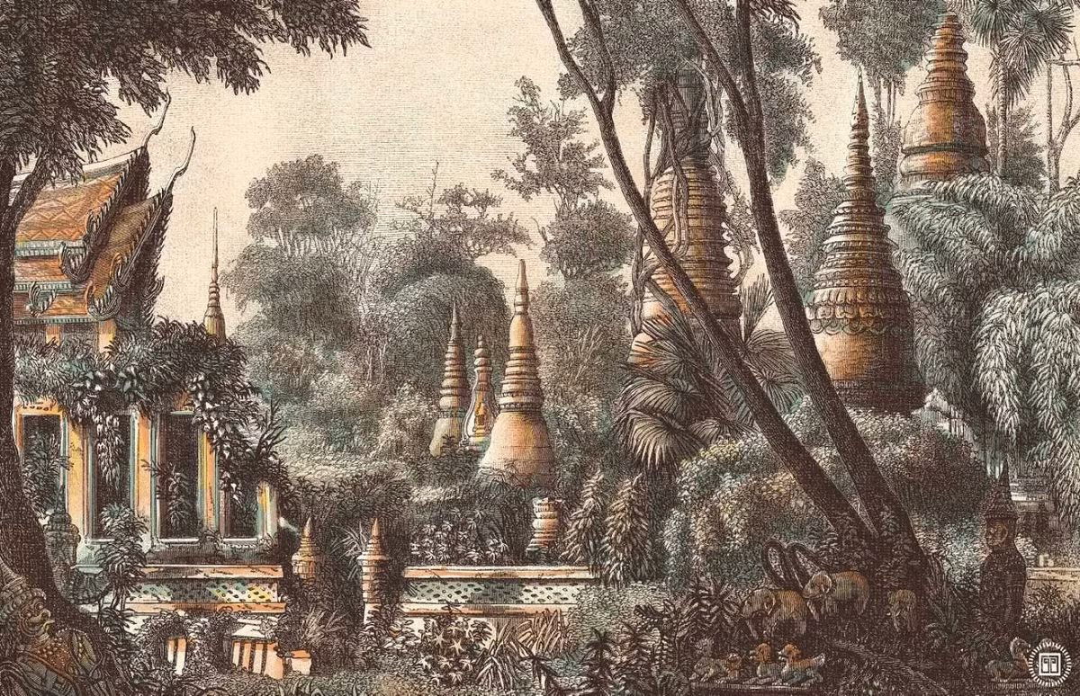 Với đôi chân háo hức khám phá, đôi mắt quan sát tinh nhạy, chắt lọc thông tin từ trải nghiệm của đoàn thám hiểm; kết hợp với kiến thức từ nhiều nguồn khác nhau, Garnier đưa bạn đọc cũng khám phá đất và người qua trang sách. Trong hình là Di tích bảo tháp và ngôi chùa trong rừng ở Vien Chan (hình ảnh do L. Delaporte thực hiện, Đông A phục chế).