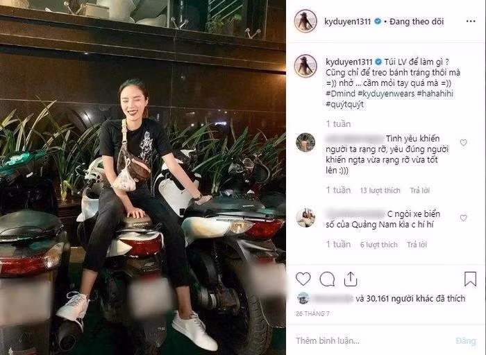 Không thua kém gì H'Hen Niê, thậm chí chiếc túi Louis Vuitton của Kỳ Duyên còn đắt gấp mấy lần, thế nhưng Kỳ Duyên cũng chỉ để treo túi bánh tráng trộn.