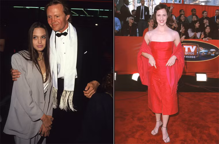 Angelina Jolie e ấp nép vào ngực cha khi cùng ông tới dự một sự kiện năm 1990. Jennifer Garner quê mùa với bộ váy đỏ và đôi sandal không ăn nhập trong một sự kiện năm 2000.