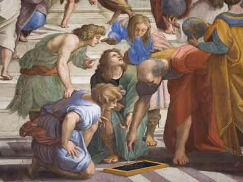 Euclid xuất hiện cùng các học sinh trong bức tranh "The School of Athens" của họa sĩ Italy thời kỳ Phục hưng Raphael.