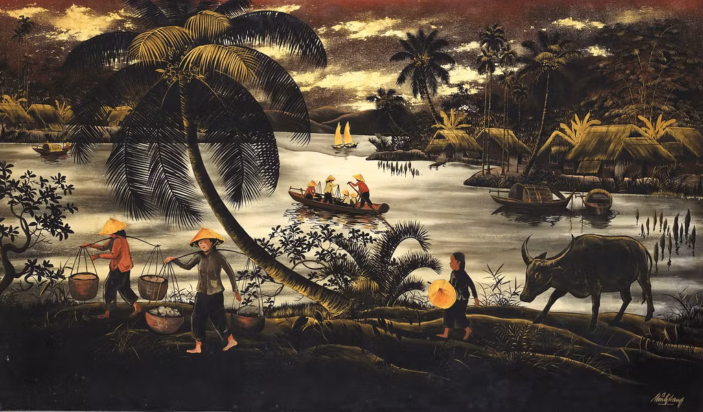 Thuyền đánh cá trở về. Tranh của Minh Song, sơn mài trên gỗ, khoảng năm 1955.