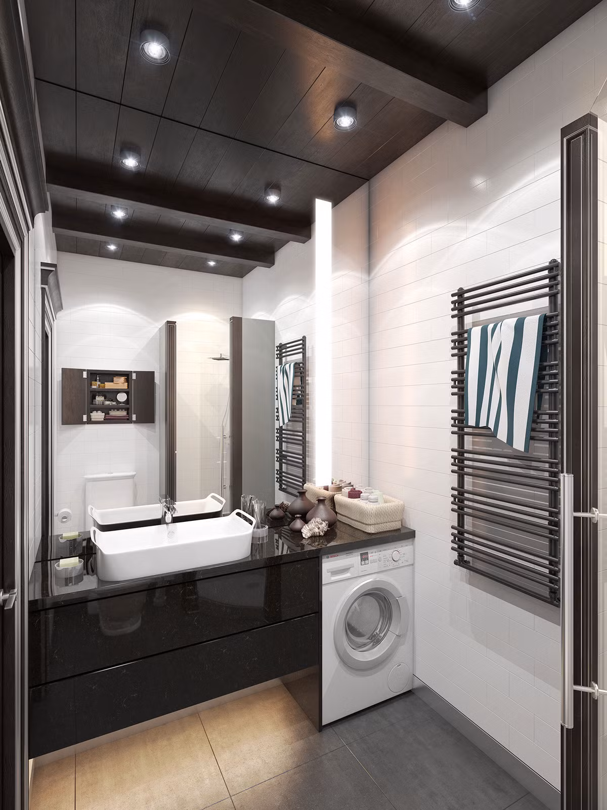 Thiết kế phòng tắm lát gạch với chiếc máy giặt được sắp xếp khéo léo, thích hợp với căn hộ nhỏ bé này.
