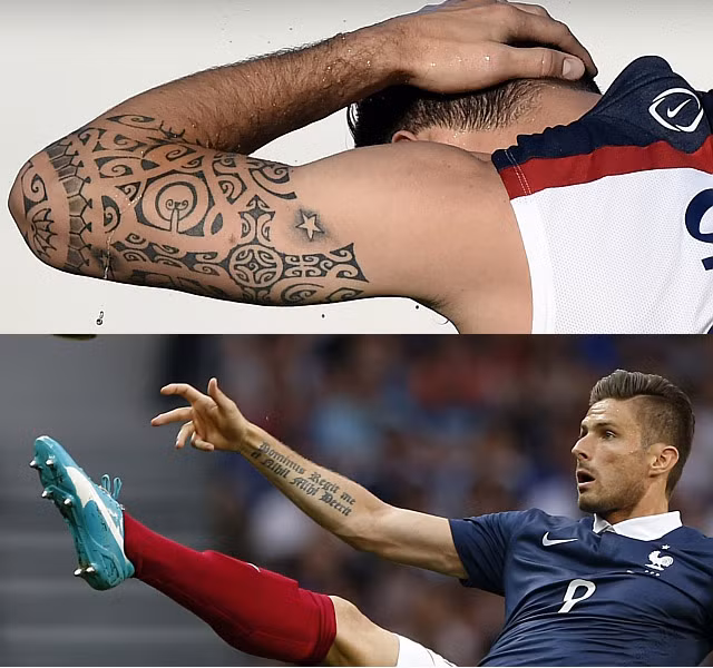 Oliver Giroud của tuyển Pháp có một hình xăm biểu tượng các bộ lạc trên bắp chân phải, nhưng hình xăm ở cánh tay phải và bắp tay trái mang nhiều ý nghĩa hơn. Oliver Giroud xăm câu Thánh vịnh 23 bằng tiếng Latin trên cánh tay phải. Những hình xăm trên bắp tay trái tượng trưng cho sự tự tin, tình yêu, gia đình, bạn bè và sức khỏe.