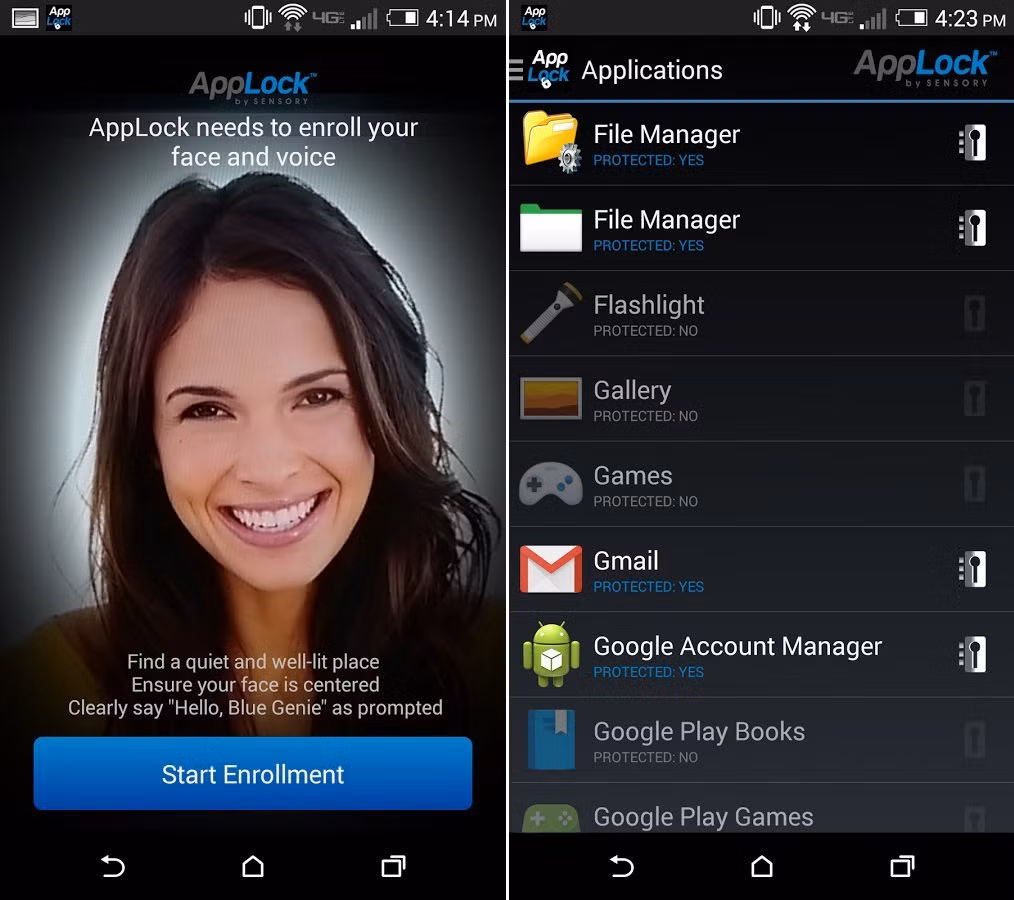  AppLock Face/Voice Recognition: mở khóa bằng mặt và giọng nói. AppLock Face/Voice Recognition là một app miễn phí được đánh giá là khá hay ho, cho phép người dùng sử dụng khuôn mặt và giọng nói để mở khóa điện thoại hoặc tiếp cận các app bị khóa trong đó. Bạn có thể quyết định những app nào khóa hoặc mở khóa bằng phương pháp này. Ứng dụng thậm chí còn cung cấp cả tính năng "động", đòi hỏi bạn phải cử động nét mặt để phòng ngừa có kẻ định "qua mặt" hệ thống bằng những bức ảnh. 