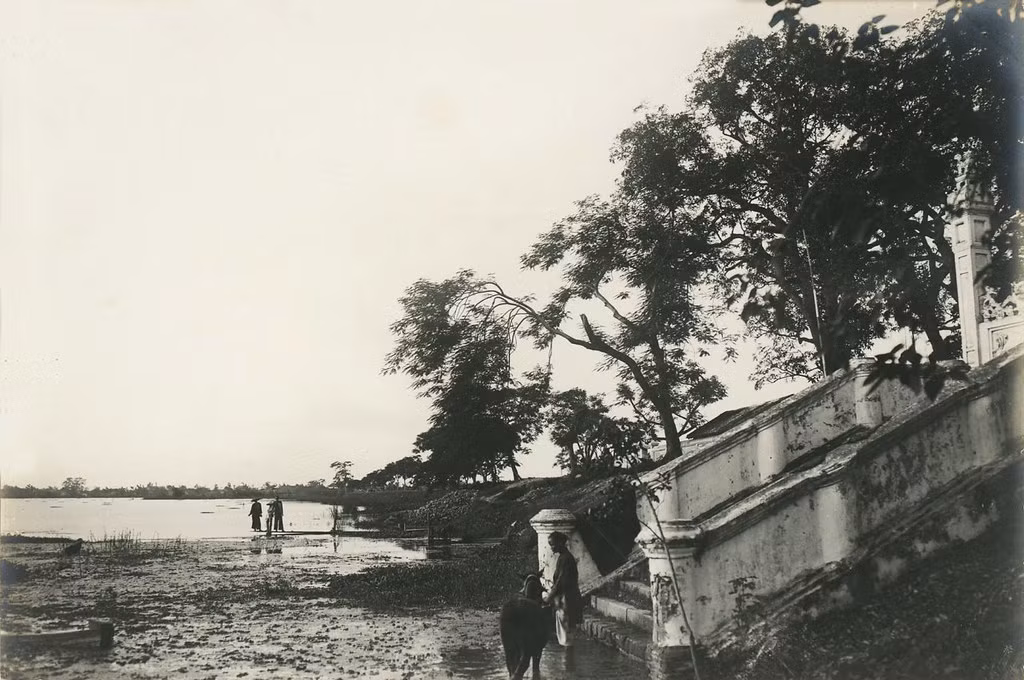 Khung cảnh dưới bến thuyền thời điểm nước hồ Tây xuống thấp.