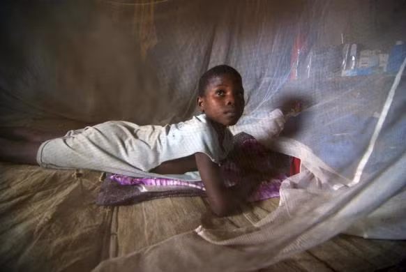 Bé gái 7 tuổi nằm trong màn chống muỗi tại Sierra Leone, Tây Phi.