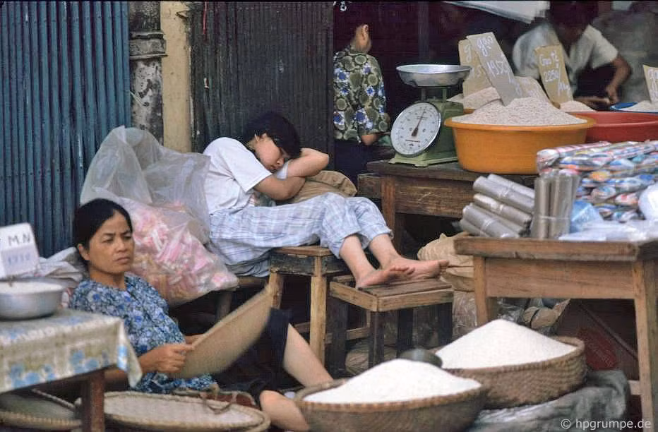 Cửa hàng gạo với các loại gạo được chất trong chậu nhựa và thúng tre.