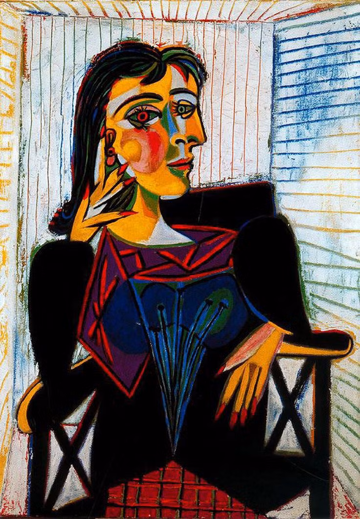  8. Portrait of Dora Maar (1937). Đây là chân dung của Dora Maar, người tình của Picasso, được thể hiện bằng phong cách Lập thể với các hình dạng méo mó. Picasso không chỉ thể hiện vẻ đẹp mà còn nắm bắt tâm trạng và tính cách của Dora qua các hình dạng vỡ vụn. Ảnh: Pinterest.