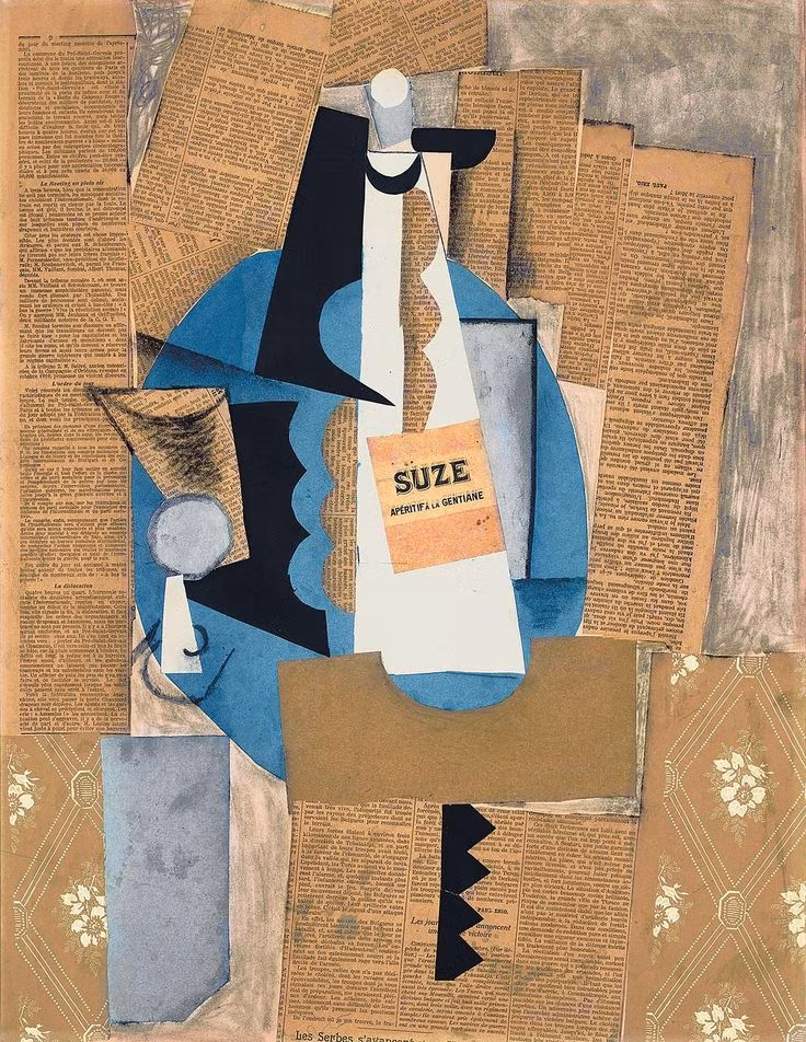  13. Glass and Bottle of Suze (1912) – Pablo Picasso. Một ví dụ điển hình của chủ nghĩa lập thể tổng hợp, bức tranh này kết hợp cắt dán giấy báo và hình ảnh các vật thể như ly rượu và chai rượu, tạo ra một sự tương phản giữa thực tế và hình học trừu tượng. Ảnh: Pinterest.