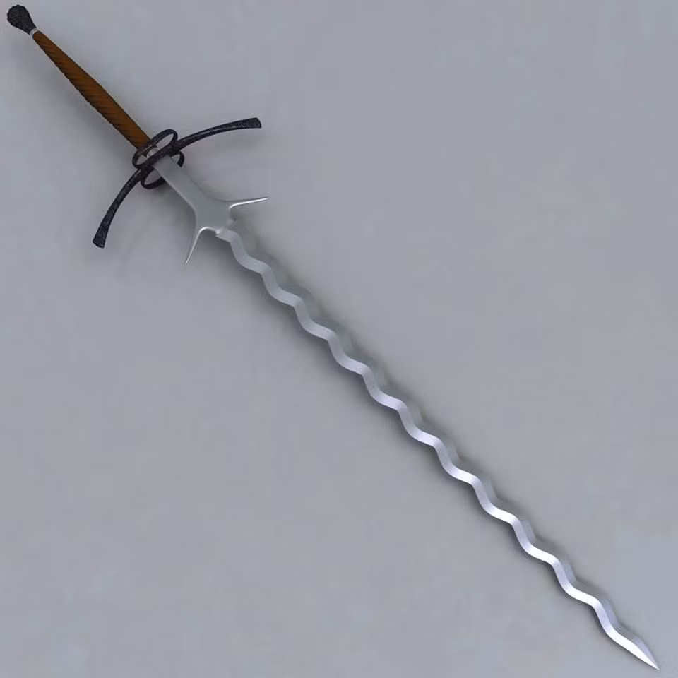  Flamberge (Kiếm lượn sóng). Đây là loại kiếm hai tay có lưỡi dạng lượn sóng. Thiết kế lượn sóng giúp tăng sức sát thương khi đâm và làm đối thủ khó đỡ kiếm hơn vì vết cắt lượn gây thêm tổn thương. Ảnh: Pinterest.