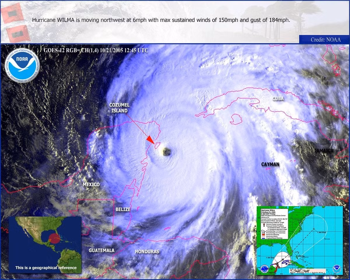  6. Bão Wilma (2005) - Sức gió tối đa: 295 km/h. Với áp suất thấp nhất từng được ghi nhận ở Đại Tây Dương, bão Wilma có sức tàn phá mạnh khi đi qua khu vực Caribbean và bang Florida. Ảnh: Pinterest.
