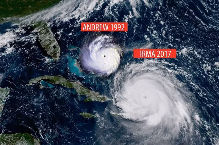 5. Bão Irma (2017) - Sức gió tối đa: 295 km/h. Bão Irma đã tàn phá các đảo Caribbean và phần lớn bang Florida ở Hoa Kỳ, trở thành một trong những cơn bão mạnh nhất từng được ghi nhận ở Đại Tây Dương. Ảnh: Pinterest.