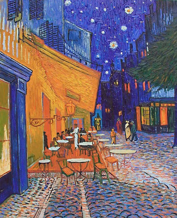  10. Café Terrace at Night (Sân Quán Cà Phê Ban Đêm) (1888). Một trong những bức tranh nổi tiếng nhất về cảnh đêm, mô tả một sân quán cà phê dưới bầu trời đầy sao. Bức tranh này nổi bật với sắc vàng rực rỡ và không gian ấm cúng. Ảnh: Pinterest.