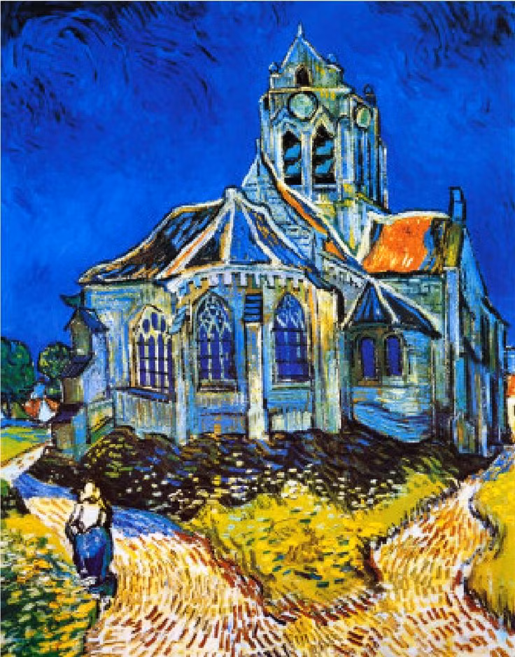  15. The Church at Auvers (Nhà Thờ Ở Auvers) (1890). Bức tranh này được vẽ trong những tháng cuối cùng của cuộc đời Van Gogh, với hình ảnh nhà thờ u ám và đầy cảm xúc, phản ánh sự bất an và tâm trạng hỗn loạn của ông. Ảnh: Pinterest.