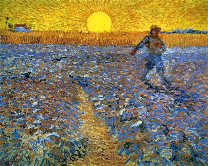  14. The Sower (Người Gieo Hạt) (1888). Đây là một trong những bức tranh mang tính biểu tượng của Van Gogh, với hình ảnh người nông dân đang gieo hạt dưới bầu trời rực rỡ. Tác phẩm thể hiện sự tôn kính của ông đối với cuộc sống lao động nông thôn. Ảnh: Pinterest.