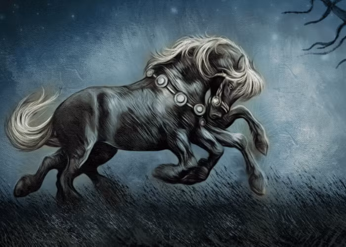  11. Sleipnir. Miêu tả: Ngựa tám chân của thần Odin, được coi là con ngựa nhanh nhất và mạnh nhất trong tất cả các thế giới. Sức mạnh: Có thể di chuyển giữa các thế giới và tốc độ phi thường. Ảnh: Pinterest.