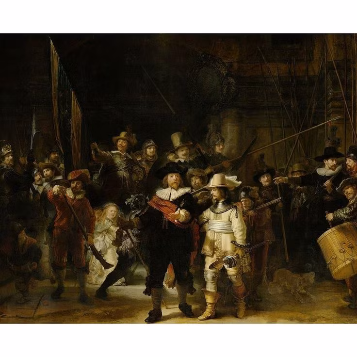  5. Rembrandt van Rijn (1606–1669). Rembrandt là bậc thầy của hội họa Baroque Hà Lan. Ông nổi tiếng với tài năng sử dụng ánh sáng và bóng tối để thể hiện cảm xúc. Các tác phẩm như Đêm Tuần Tra (The Night Watch) thể hiện khả năng kỳ diệu trong việc tái hiện sự thật và tinh thần của thời đại. Ảnh: Pinterest.