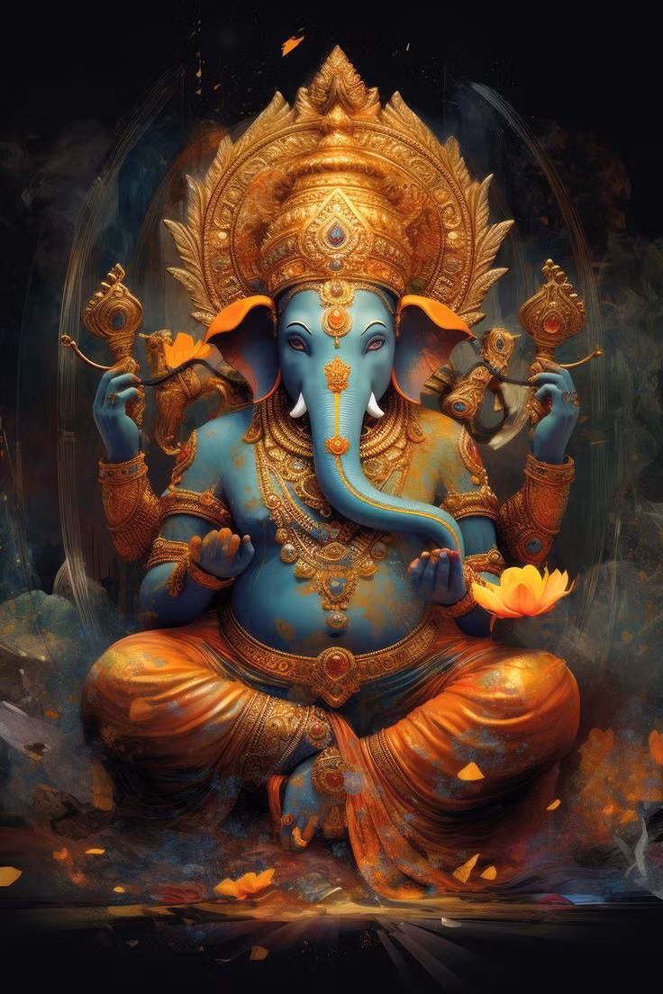  9. Ganesha – Thần của Sự Khởi đầu và Tri thức. Ganesha, vị thần đầu voi, là con trai của Shiva và Parvati, được coi là vị thần của sự khởi đầu, trí tuệ và loại bỏ những chướng ngại vật. Ganesha được thờ cúng trong nhiều dịp lễ và được xem như một biểu tượng may mắn. Ảnh: Pinterest.Ảnh: Pinterest.