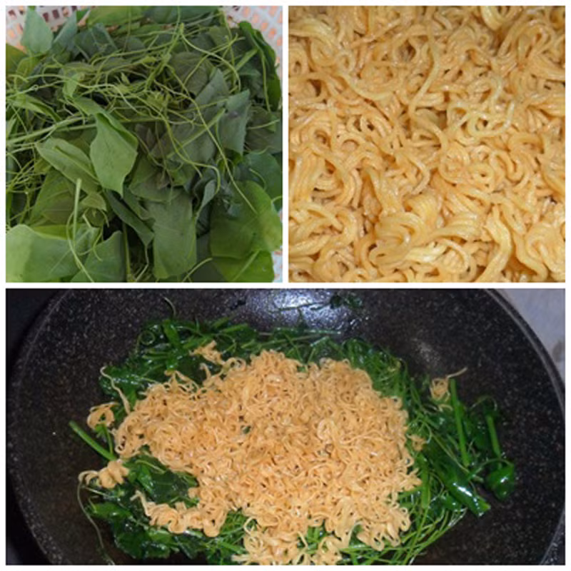Ngoài ra, người dân vô cùng rất tâm đắc với món rau xào mì tôm. Mì tôm chỉ cần chần qua nước ấm cho mềm. Phi thơm hành, đưa rau vào đảo đều vào nêm gia vị. Đợi đến khi rau chín tái thì tiếp tục cho mì vào trộn đều, thêm ít tiêu bột sẽ khiến món ăn trở nên càng đậm đà.