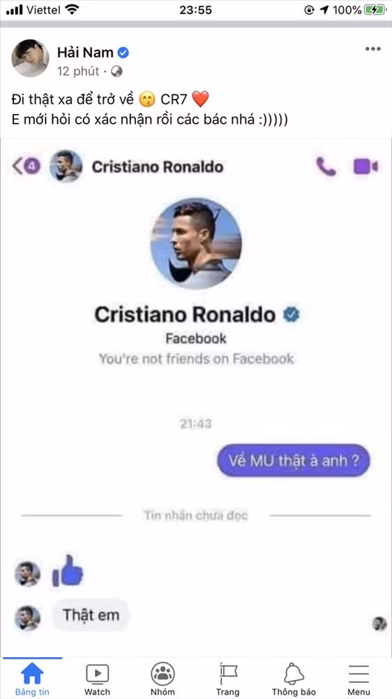 Có người khoe nhận được tin nhắn từ chính CR7 xác nhận trở lại MU.