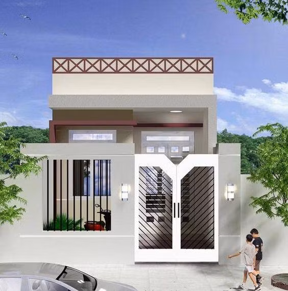 Mẫu nhà phù hợp với diện tích đất hẹp, vẫn có khoảng sân nhỏ phía trước để tạo sự thoáng mát và tận dụng để xe. 