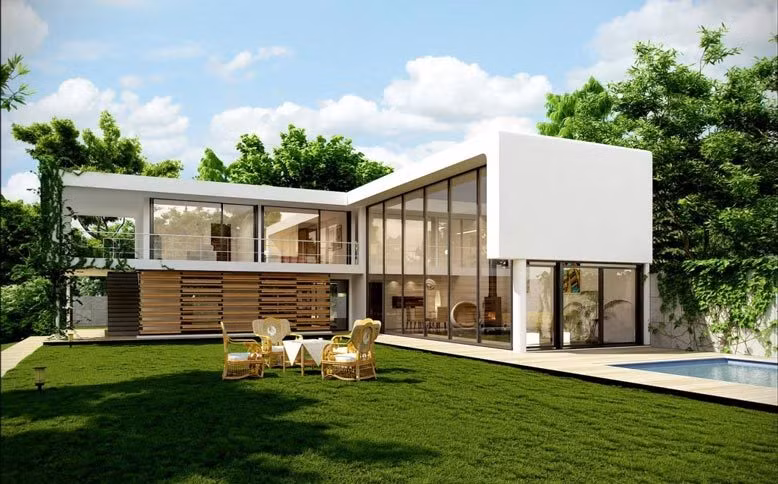 Các biệt thự vườn thường sử dụng chất liệu kính cường lực giúp đón ánh sáng, tạo cảm giác không gian rộng mở, dễ dàng phóng tầm mắt để hòa mình vào khung cảnh thiên nhiên xanh mát bên ngoài.